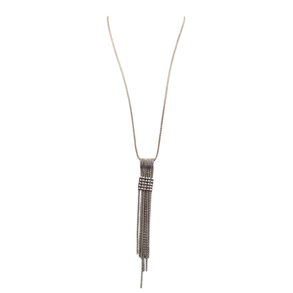 Shiny Silvertone Tassel 32" Necklace Clasp Crystal Embellished